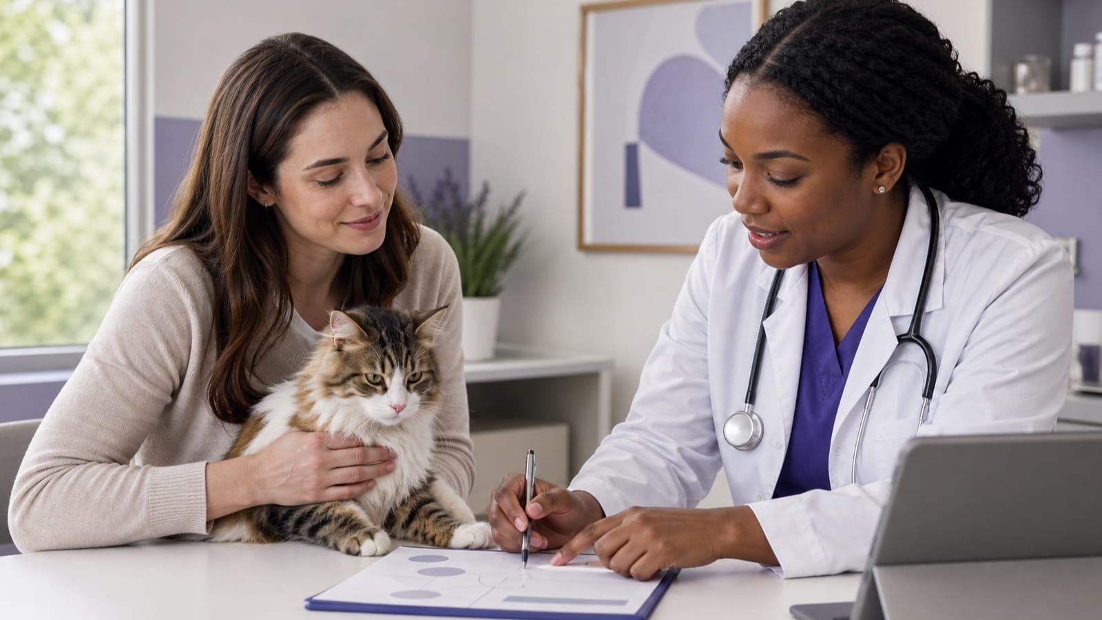 Healthy cat, owner, and veterinarian review a privacy-safe health timeline.