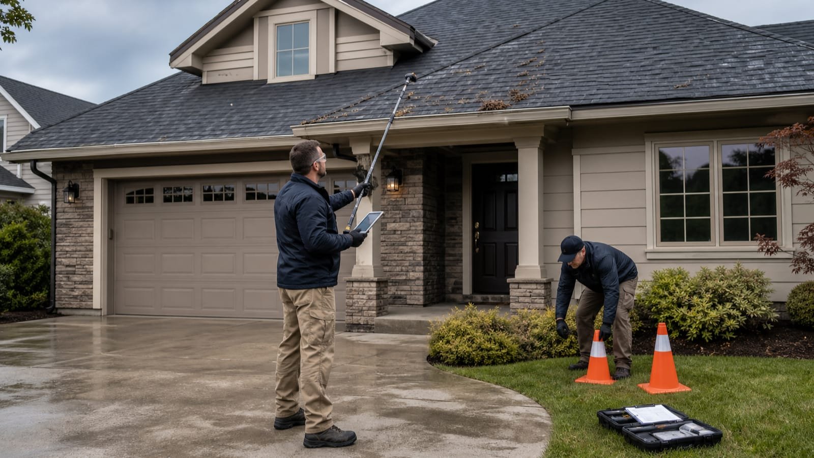Roof inspectors documenting post-storm conditions from the ground with a telescoping camera