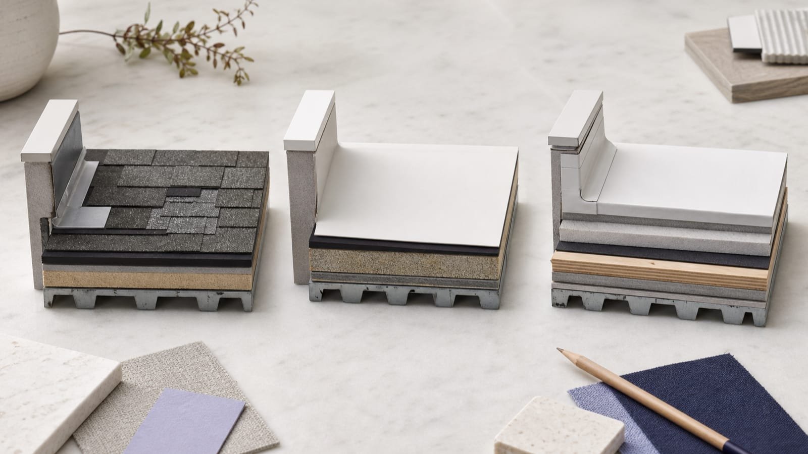 Three roof-section models showing localized repair, recover, and full replacement scopes