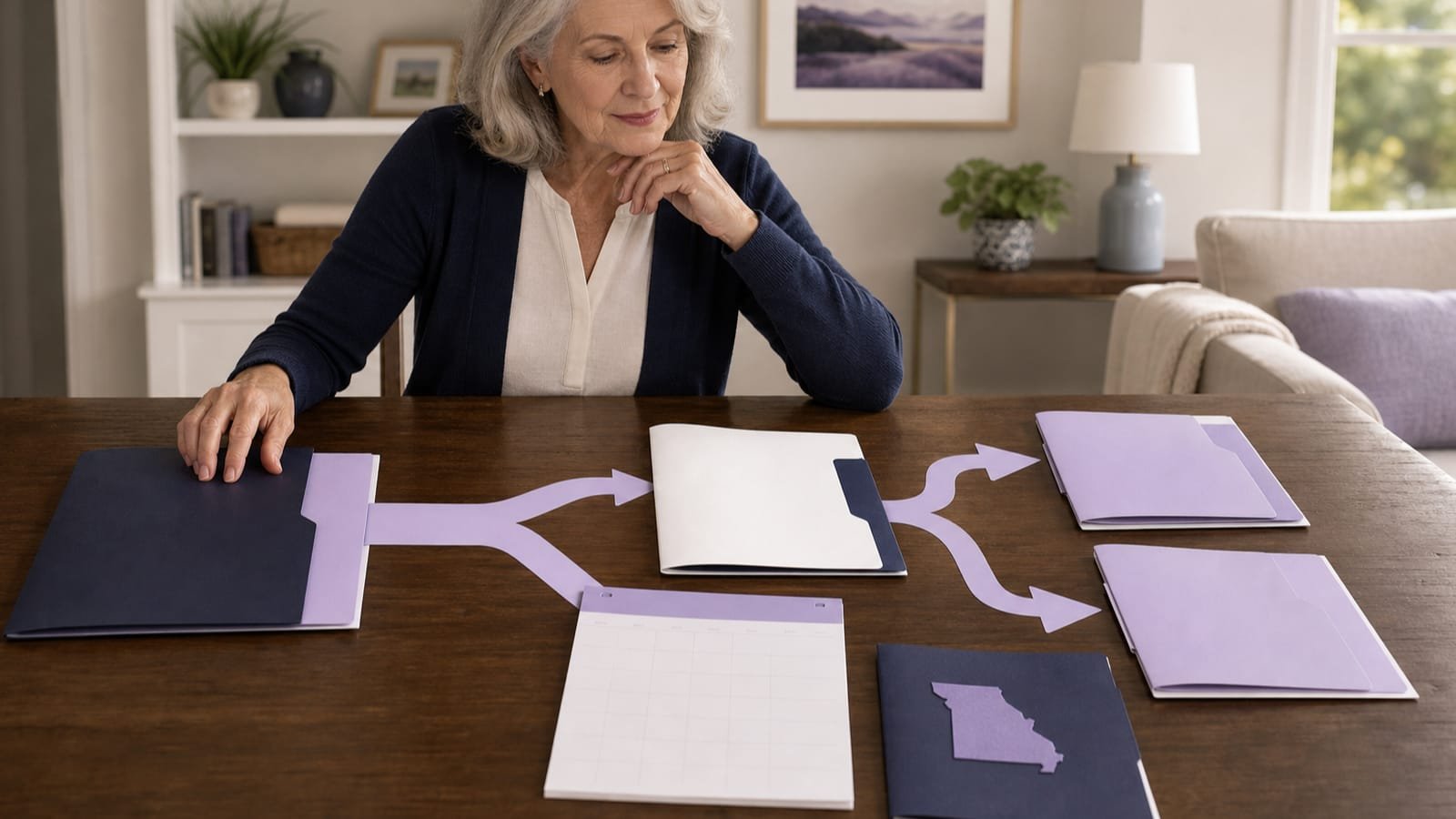 Older adult reviews a branching transition to separate medical, drug, and supplement folders.
