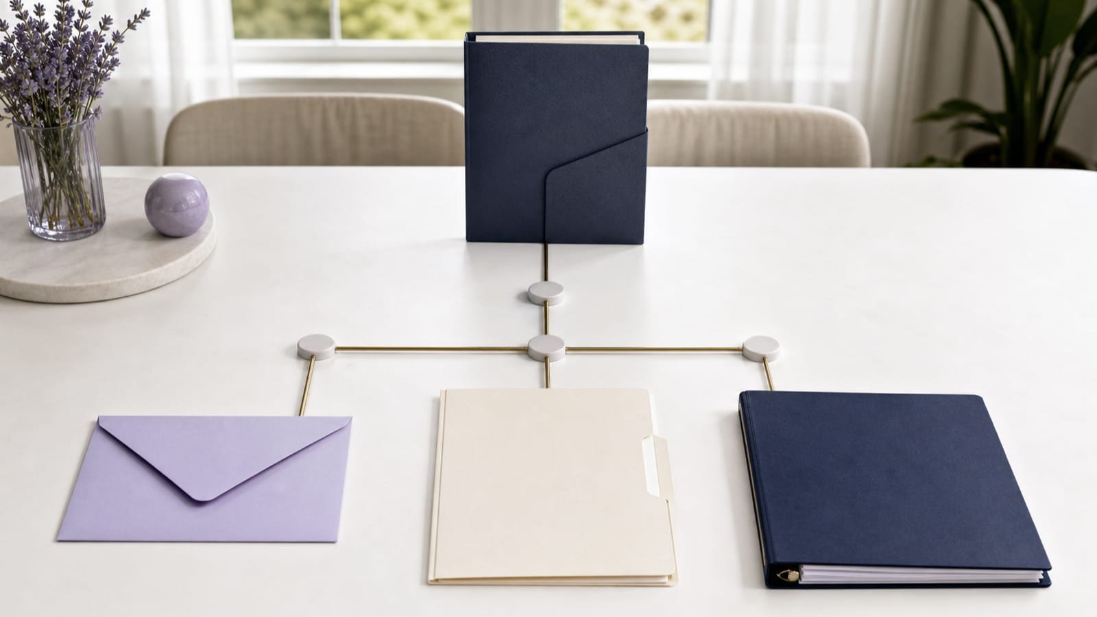 Physical decision model branching to an envelope, listing folder, and service binder