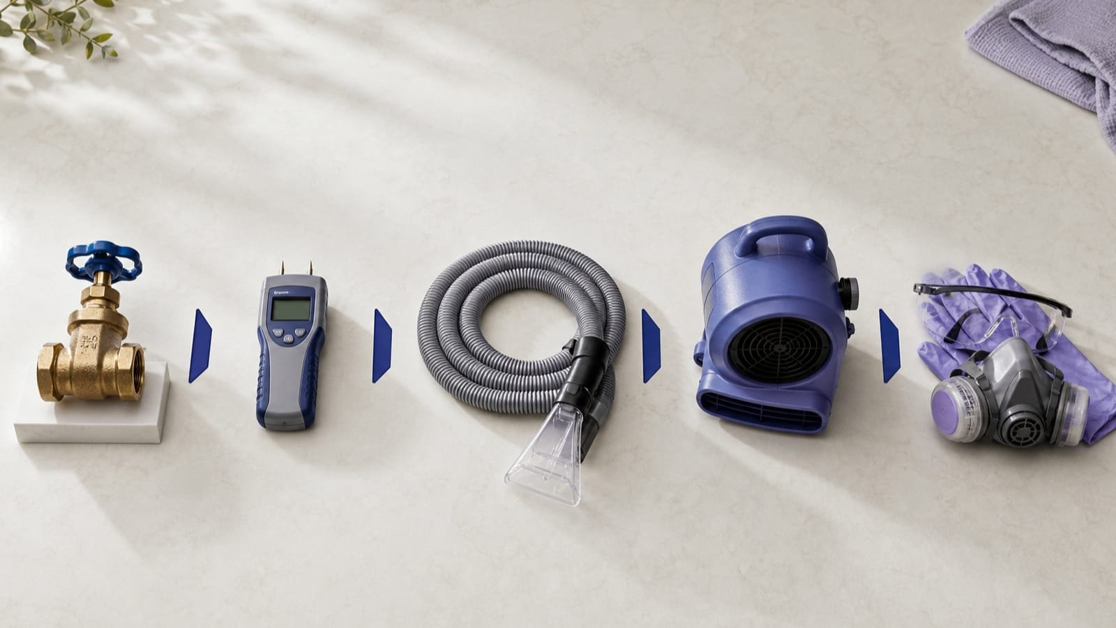 Water shutoff, moisture meter, extraction hose, air mover, and protective equipment in sequence