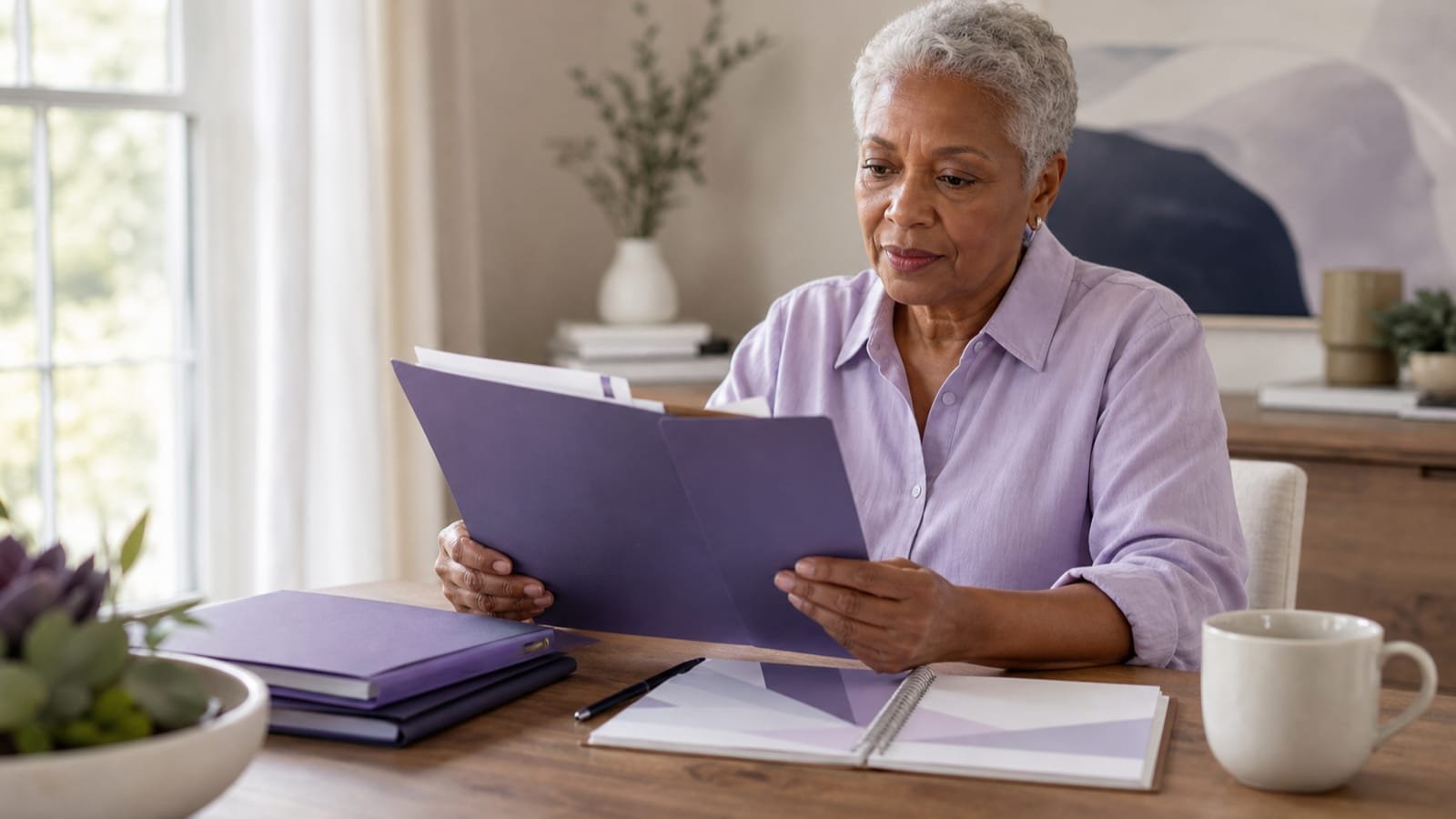 Older adult reviews an adjustment notice with tax and life-change folders.