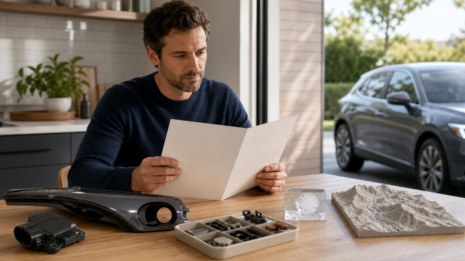 Driver reviews a renewal notice beside an undamaged car and claim-cost evidence.