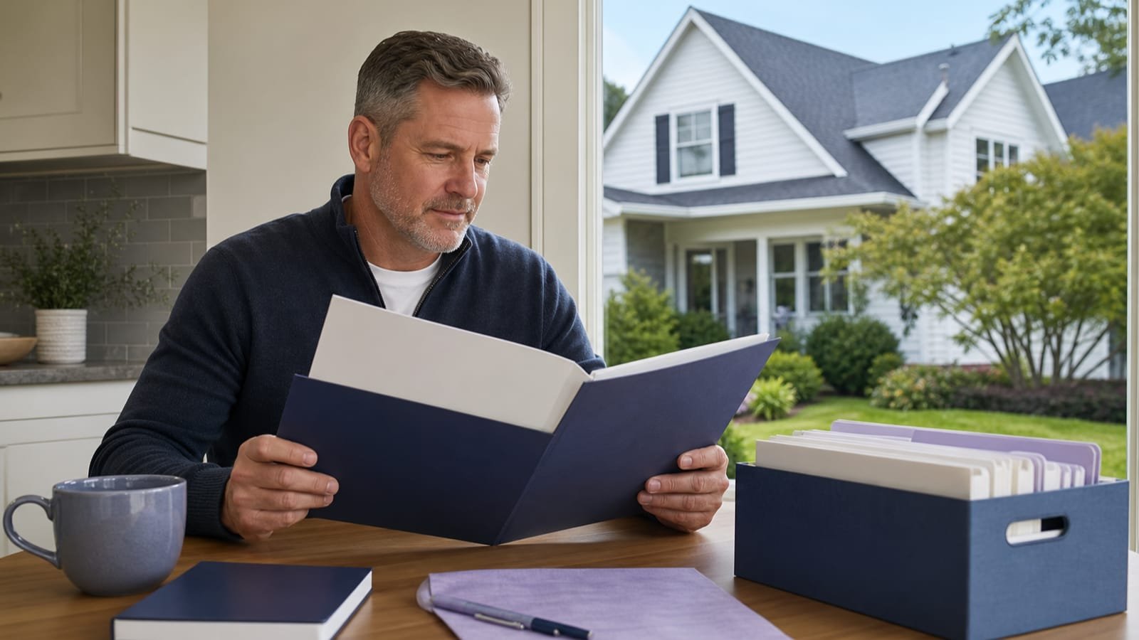 Homeowner reviews a neutral notice with organized property mitigation records.