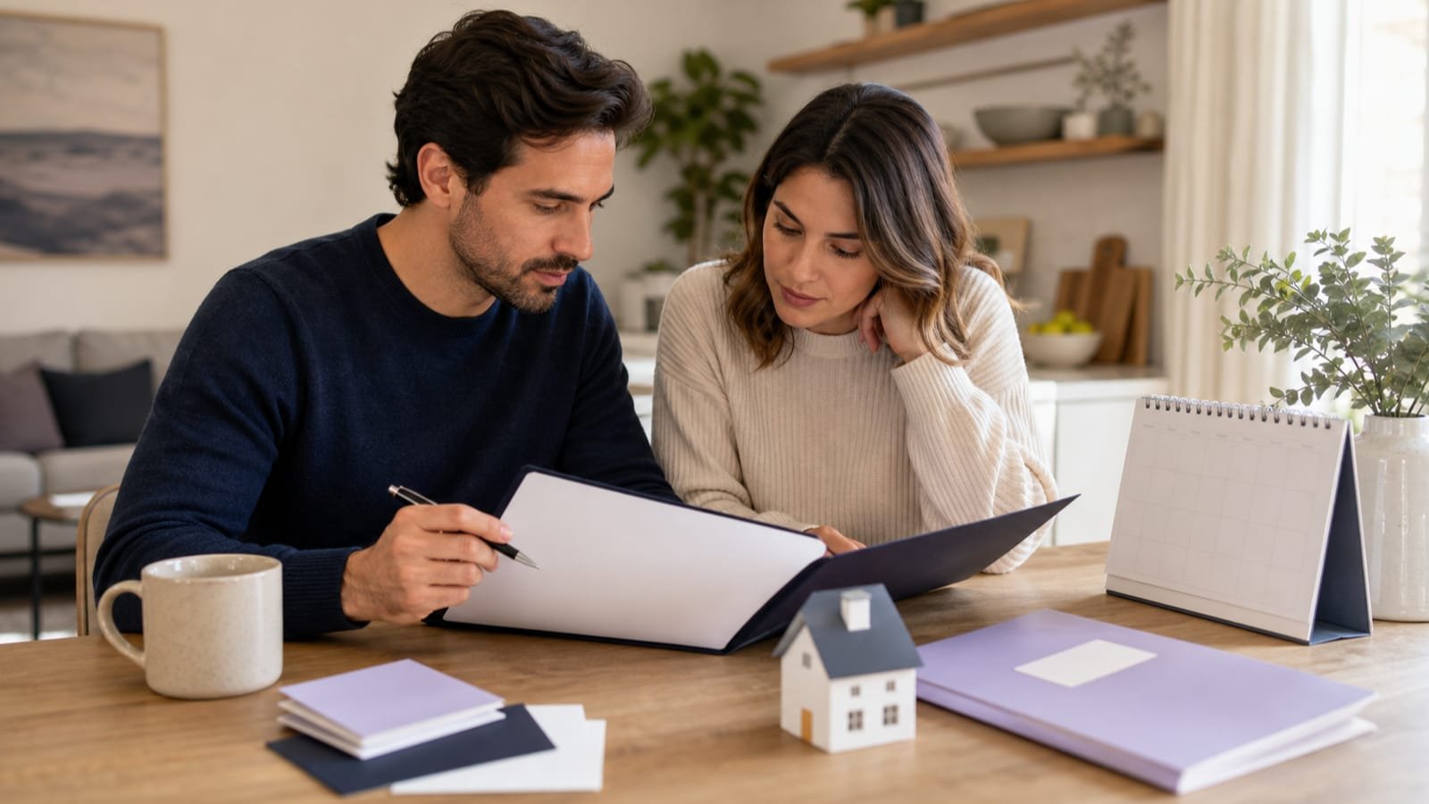 Couple reviews household protection needs, a calendar, and a neutral life-policy folder.
