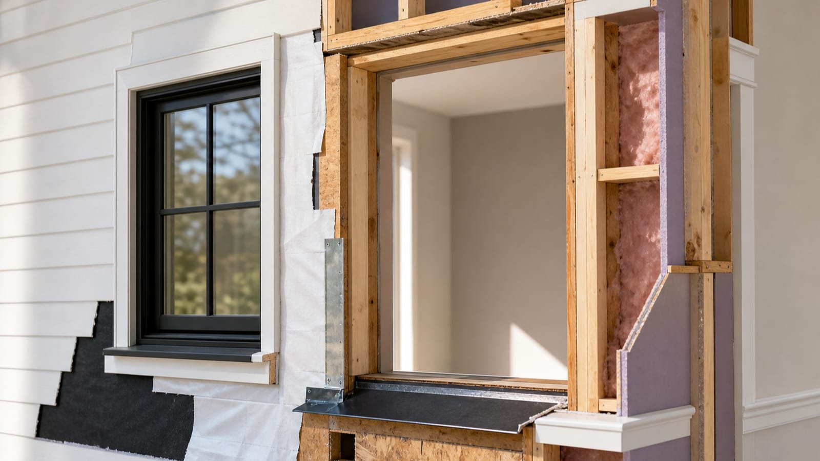 Residential window cutaway showing an intact unit and an exposed structural opening