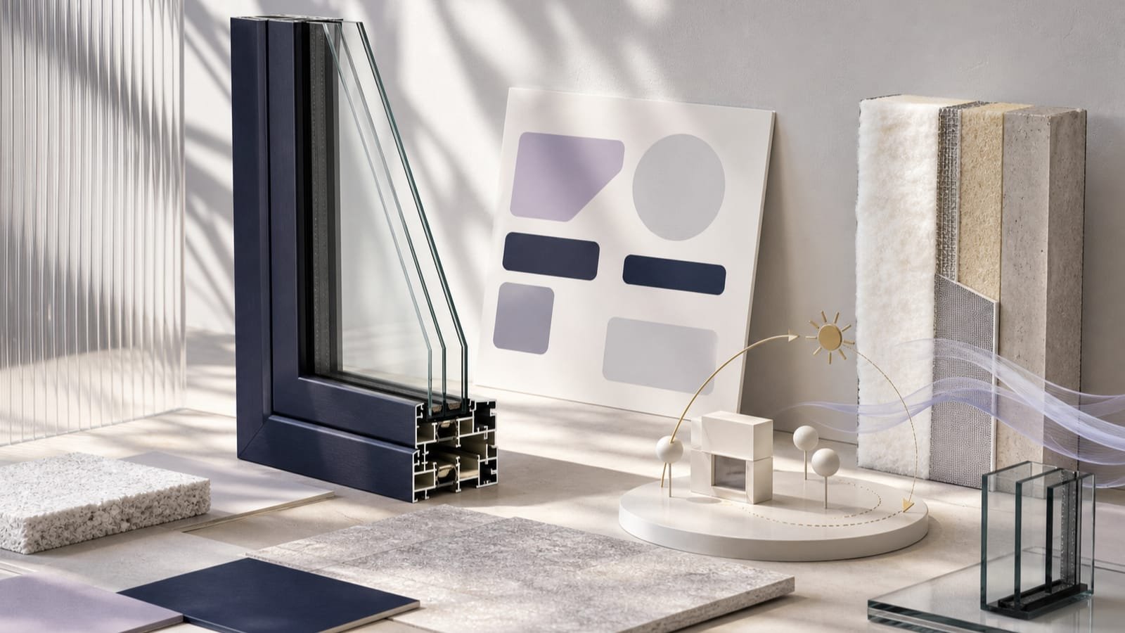 Window sample with abstract rating fields, insulation, sunlight, and airflow cues