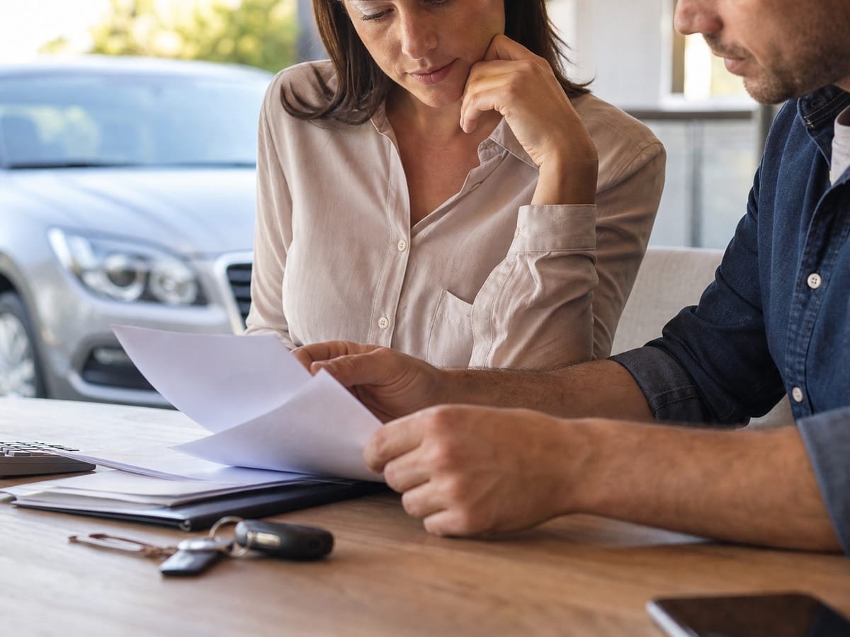 Couple reviewing auto insurance paperwork with their car in the background
