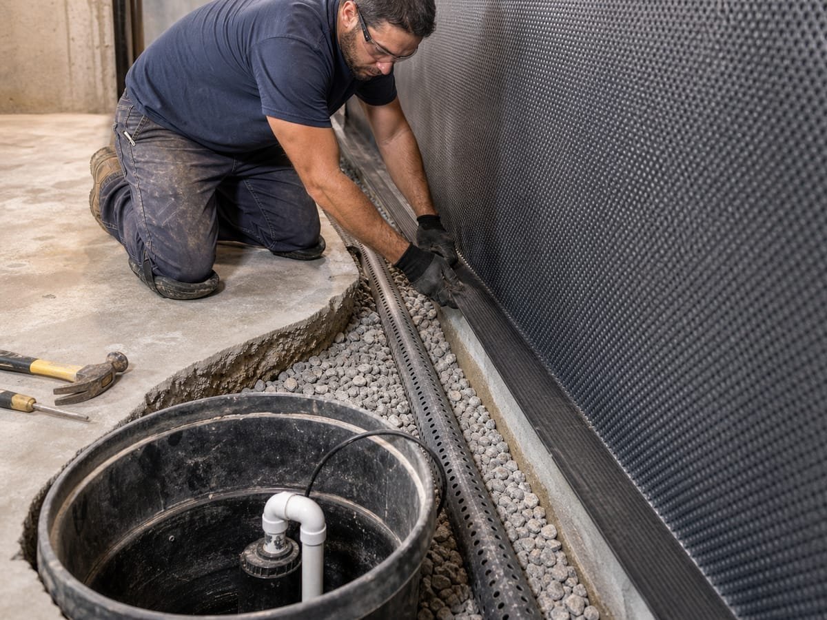 Contractor installing an interior drainage system and sump basin in a basement