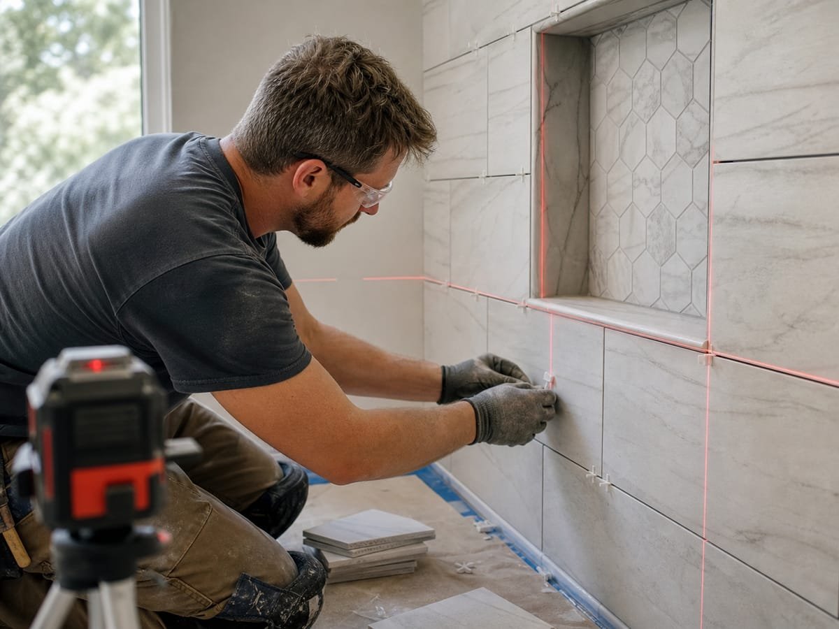 Tile installer setting large-format bathroom wall tile with a laser level