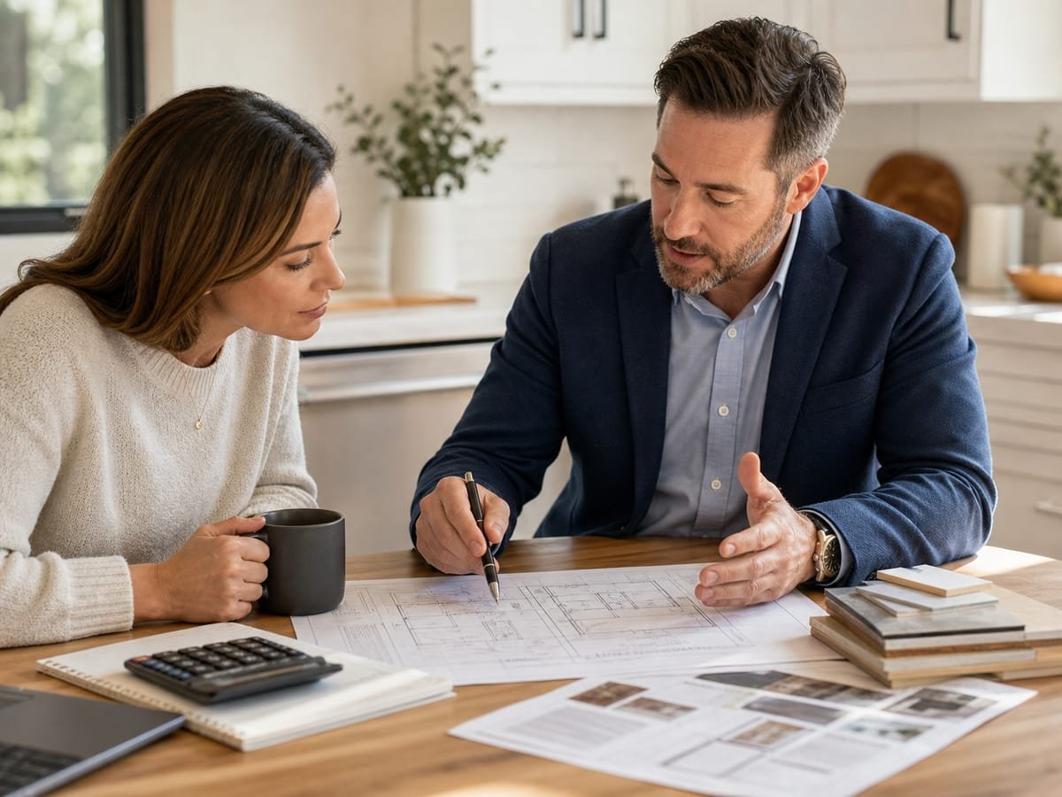 Couple reviewing loan paperwork and figures with a lending advisor