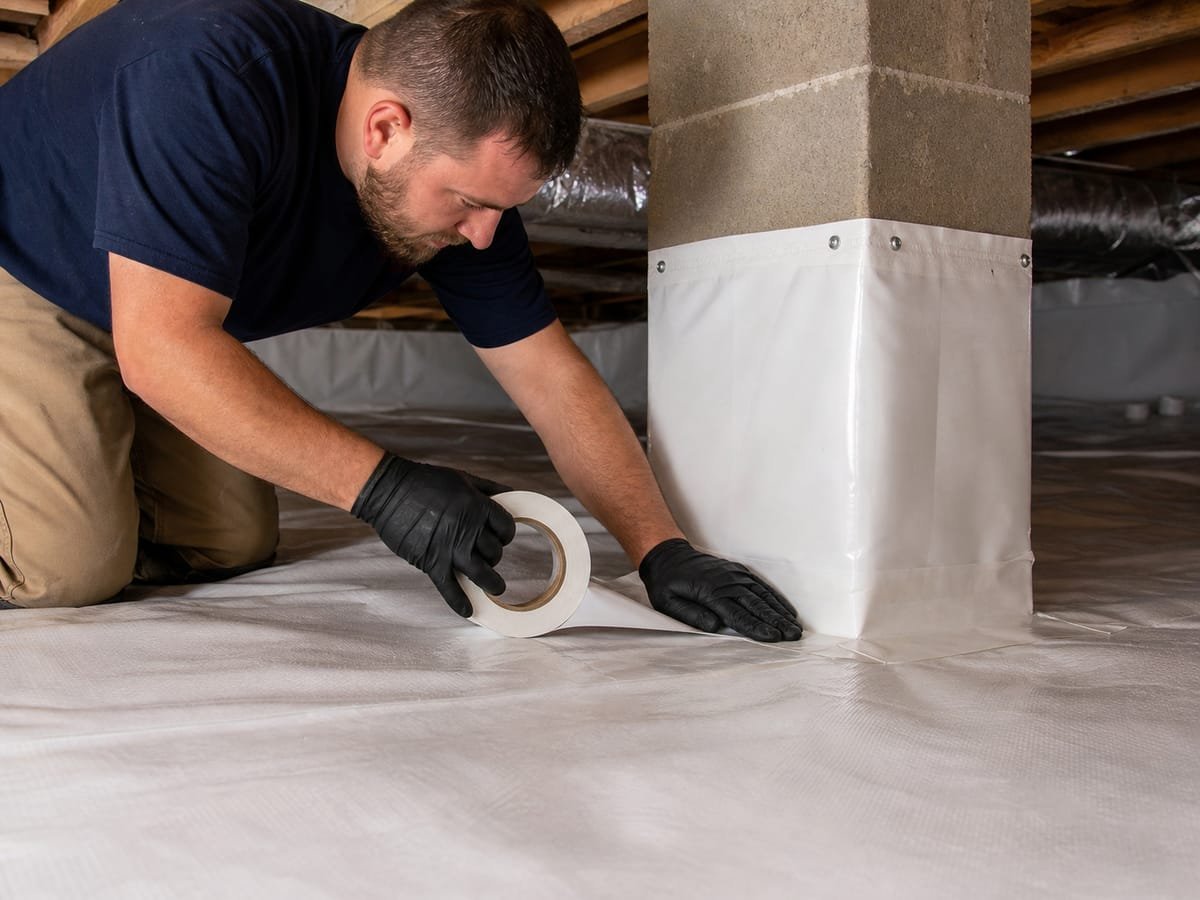 Installer sealing a white vapor barrier liner in a crawl space