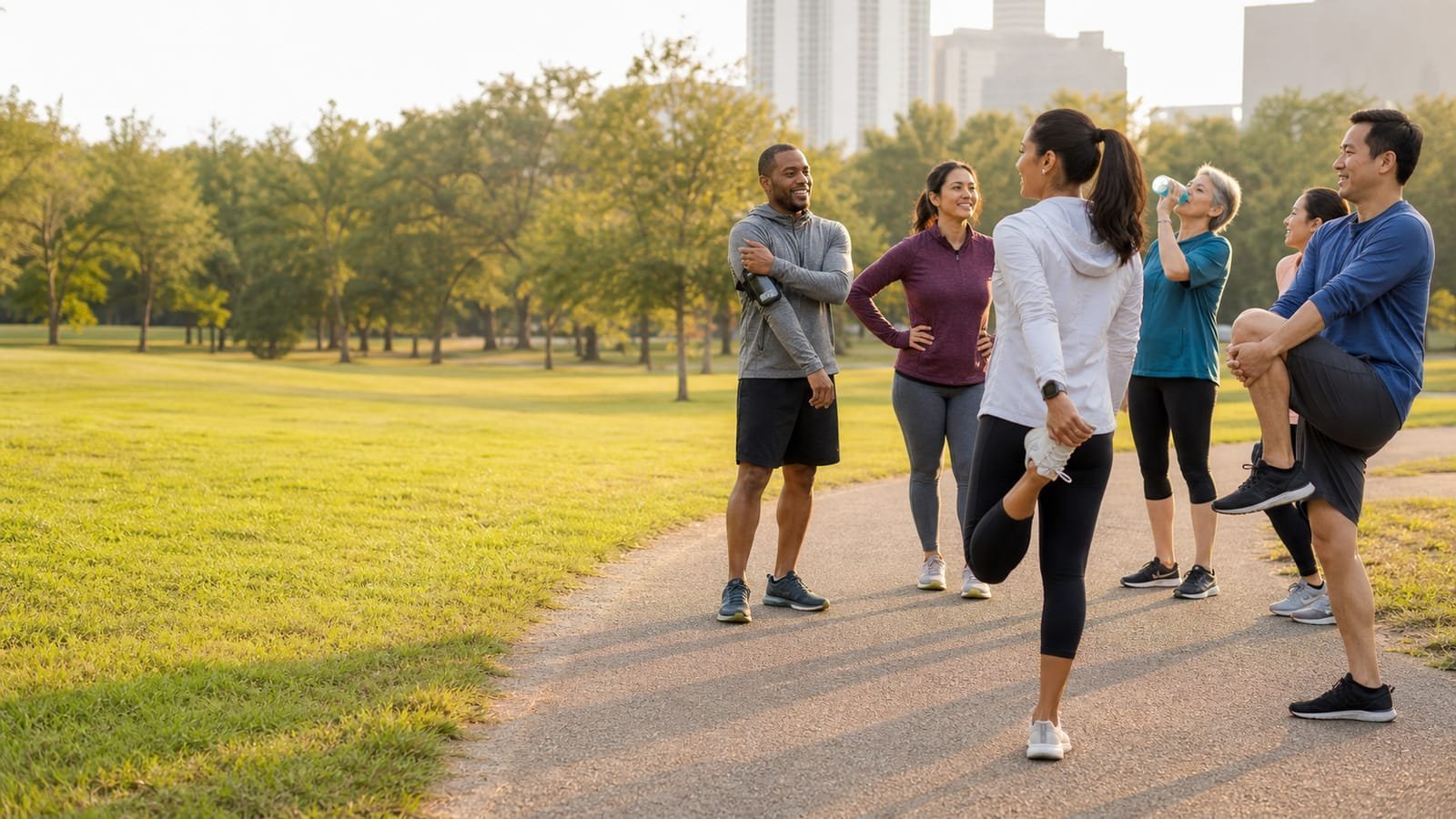 Group of adults stretching outdoors to boost energy and performance before a workout