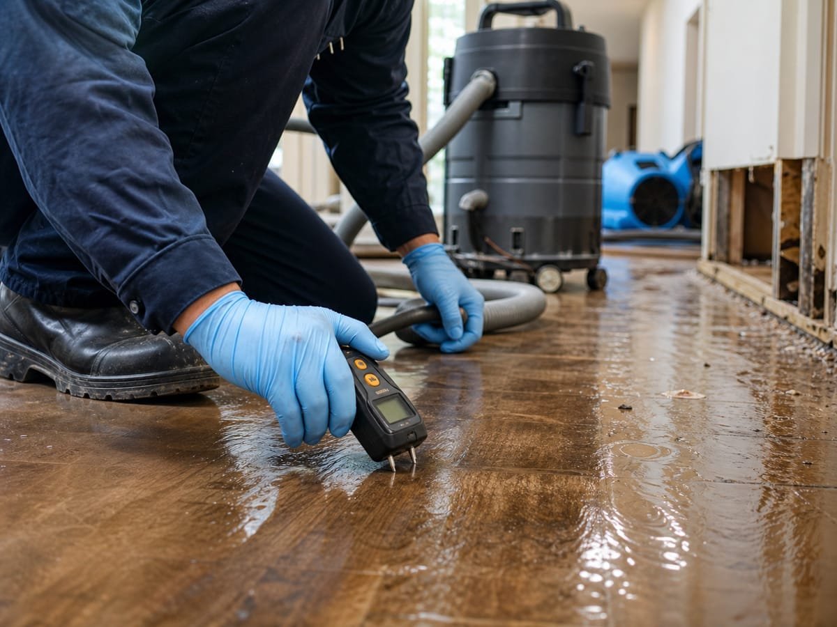 Technician checking a flooded wood floor with a moisture meter and water extractor