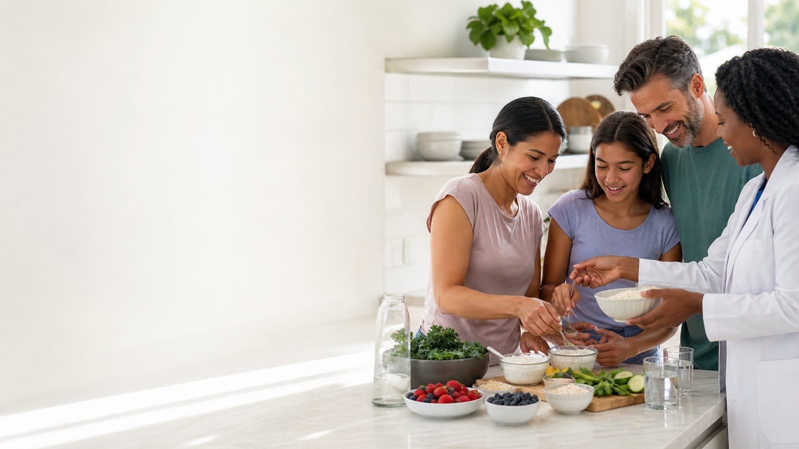 Family preparing a fiber-rich meal to support gut health with a healthcare provider