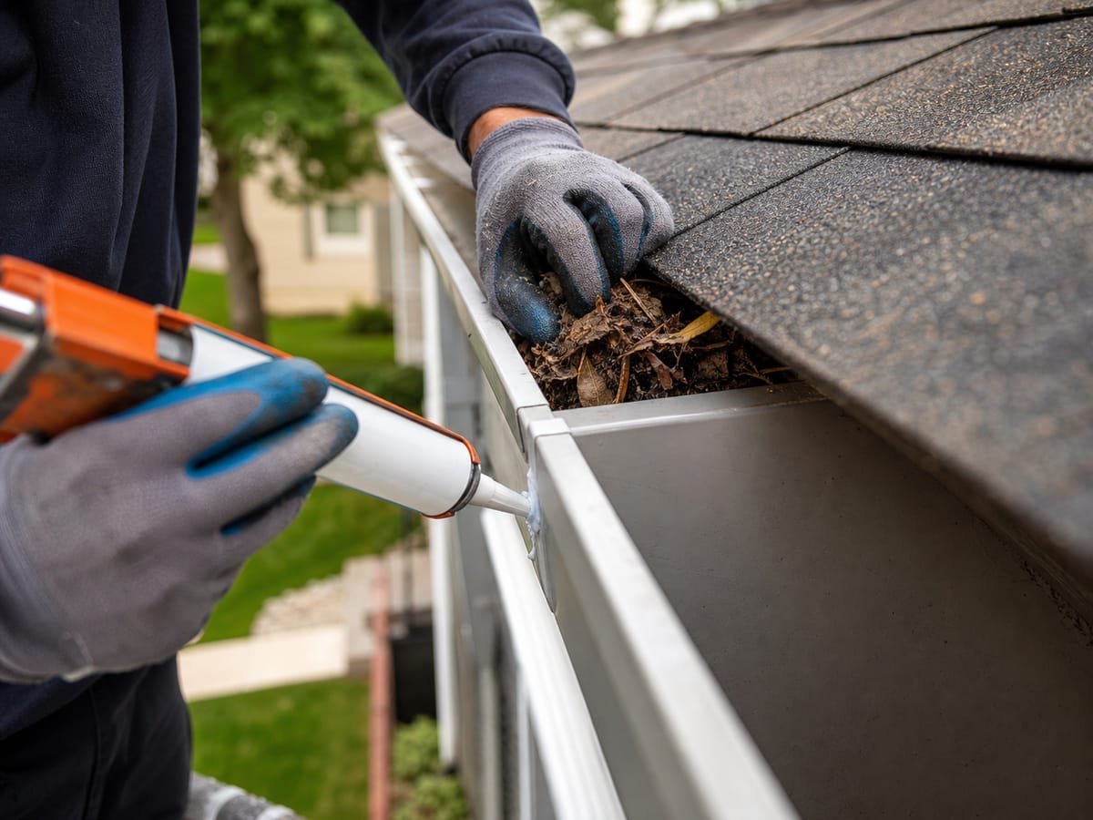 Worker clearing leaves from a gutter and resealing a leaking seam