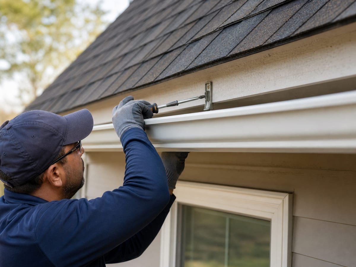 Installer fastening a new white gutter to the fascia beneath asphalt shingles