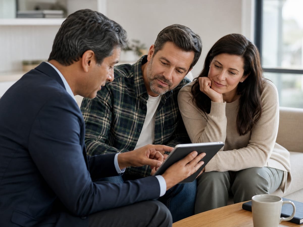 Couple comparing health plan options with an advisor on a tablet