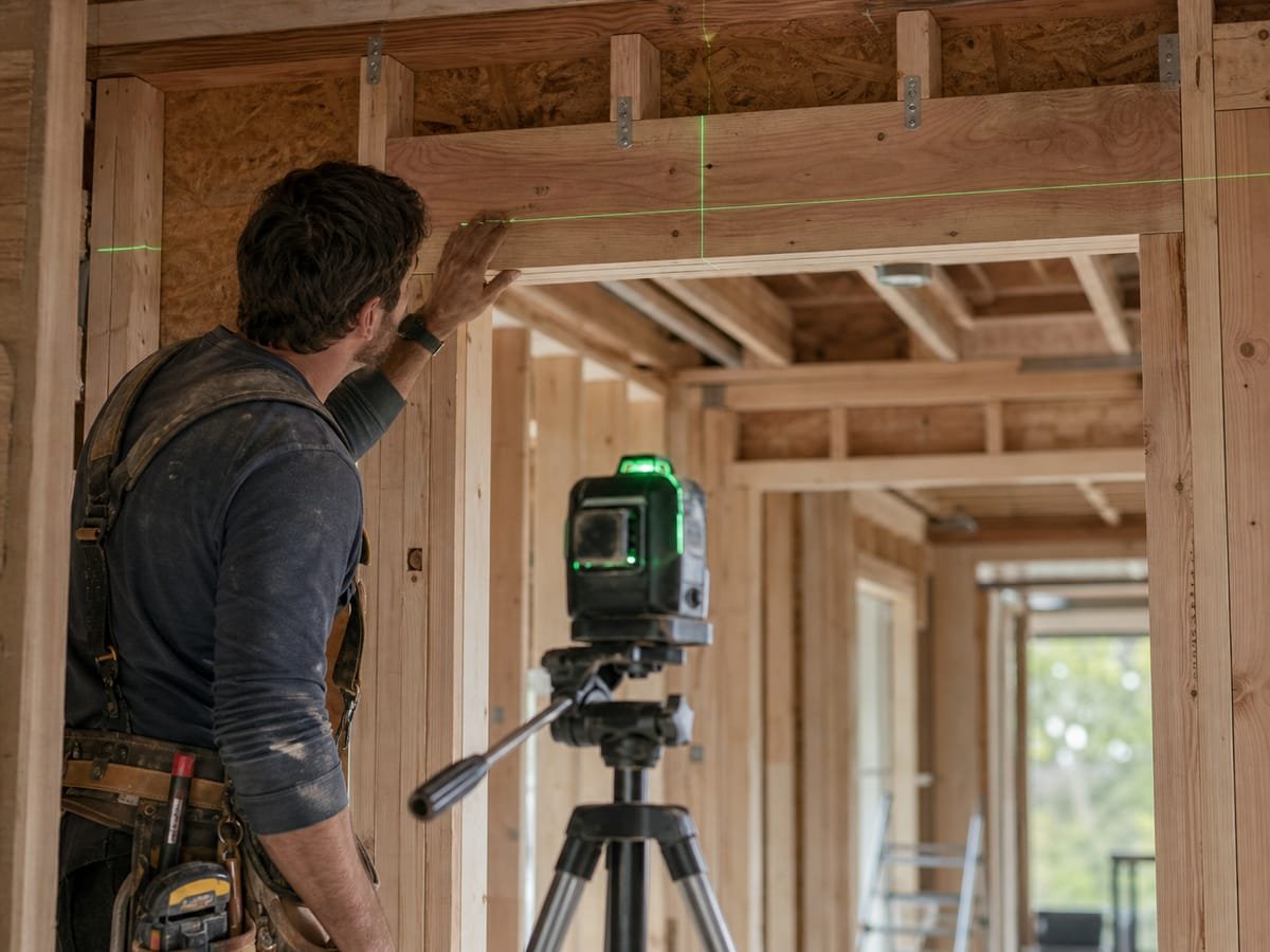 Builder checking new interior wall framing with a laser level
