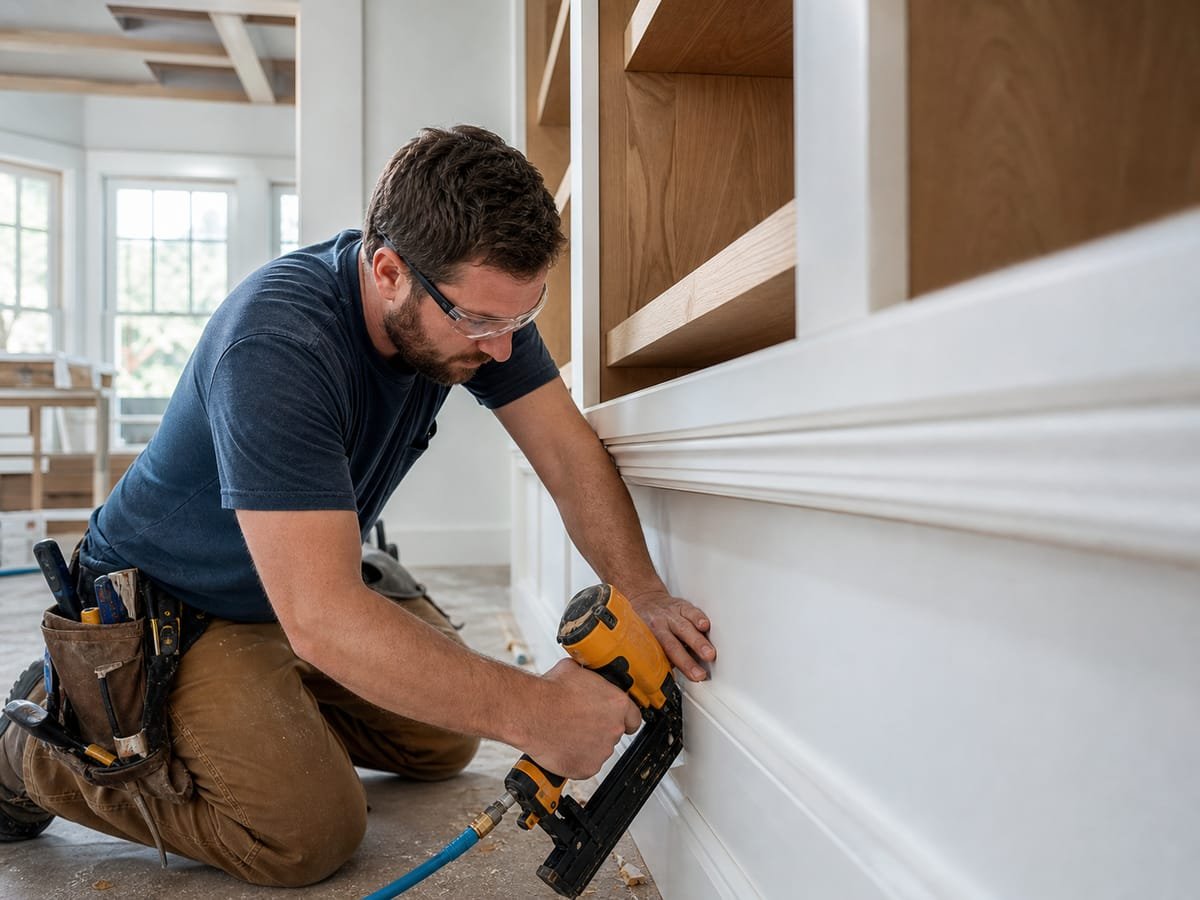 Carpenter nailing baseboard trim during an interior remodel