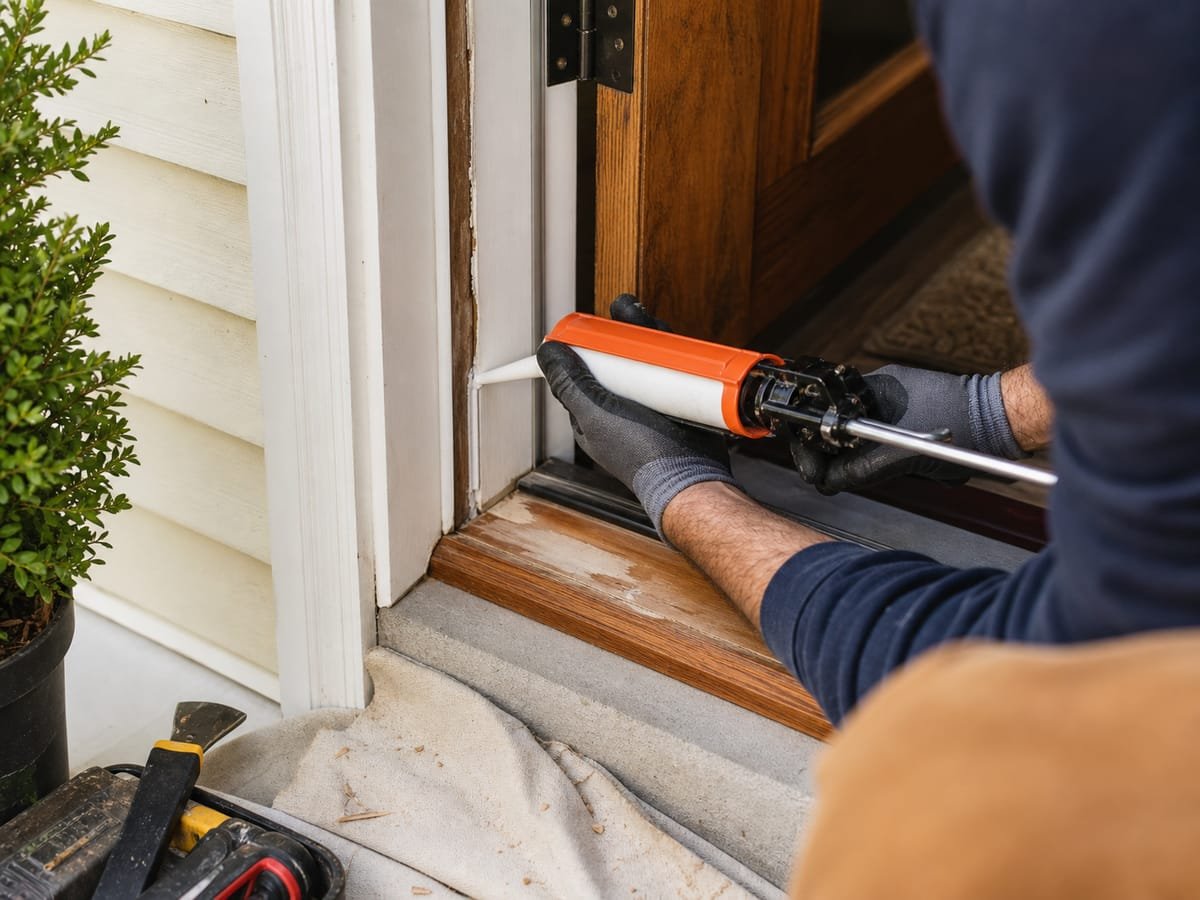 Handyman sealing a leaky exterior door threshold with a caulk gun
