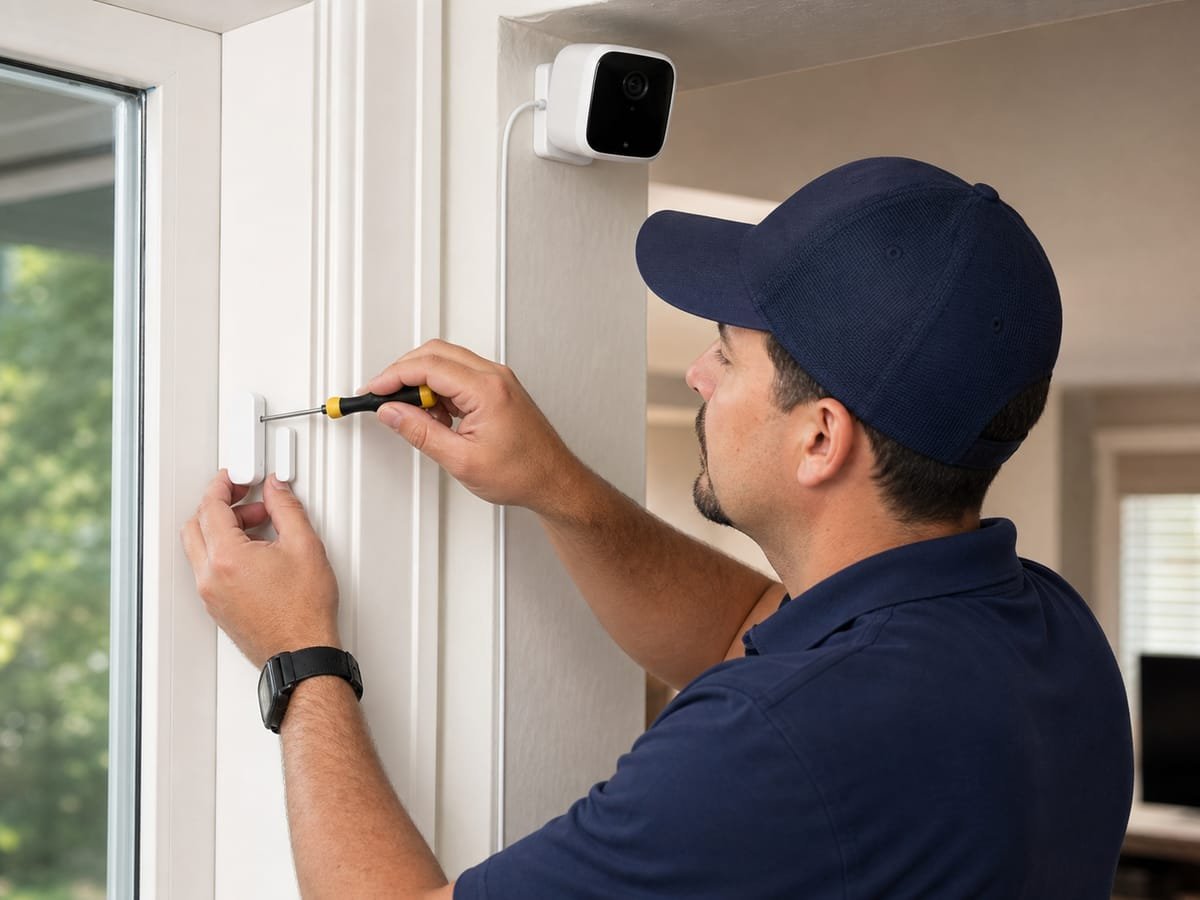 Technician mounting a wireless security camera beside a home's entry