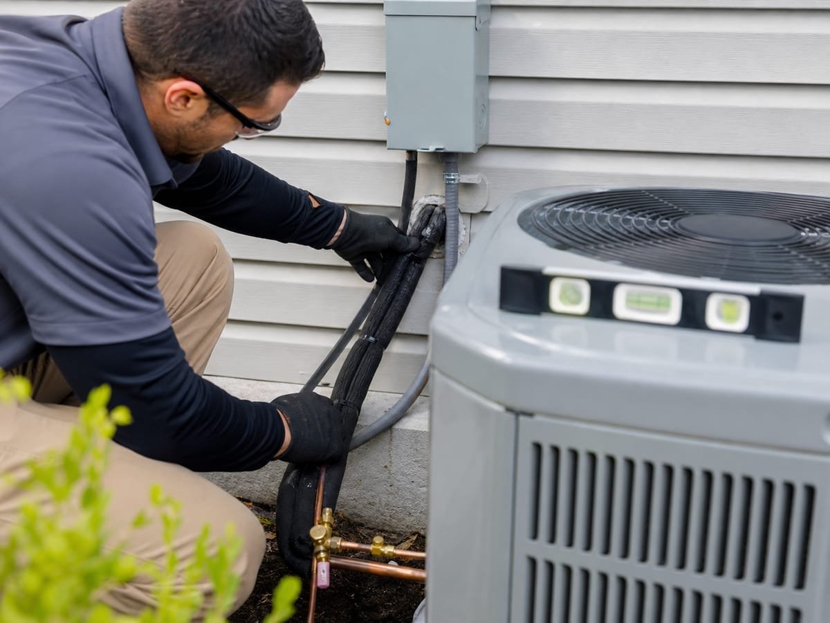 Technician connecting refrigerant lines on a newly installed outdoor AC unit