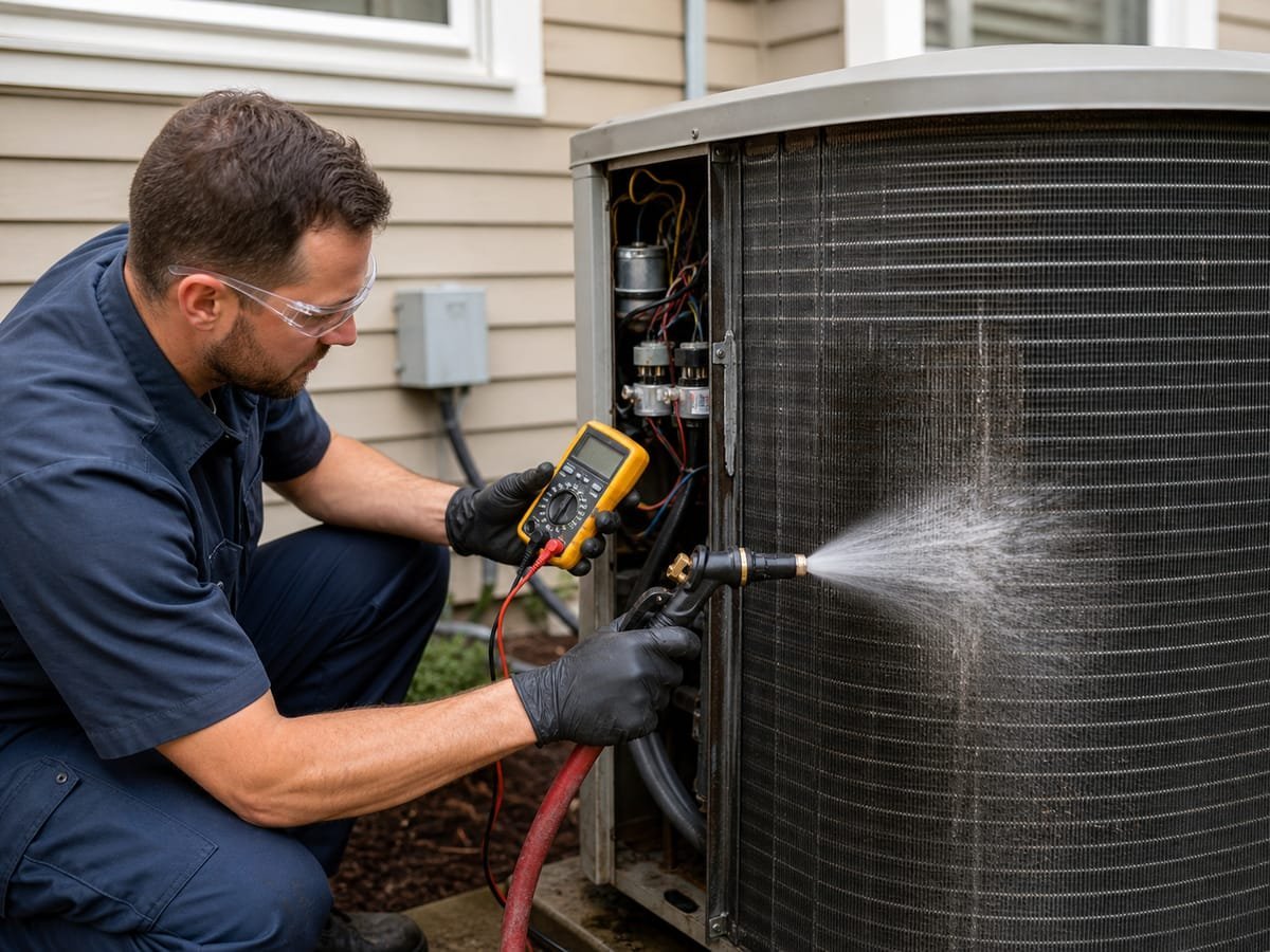 Technician cleaning an air conditioner condenser coil during a tune-up