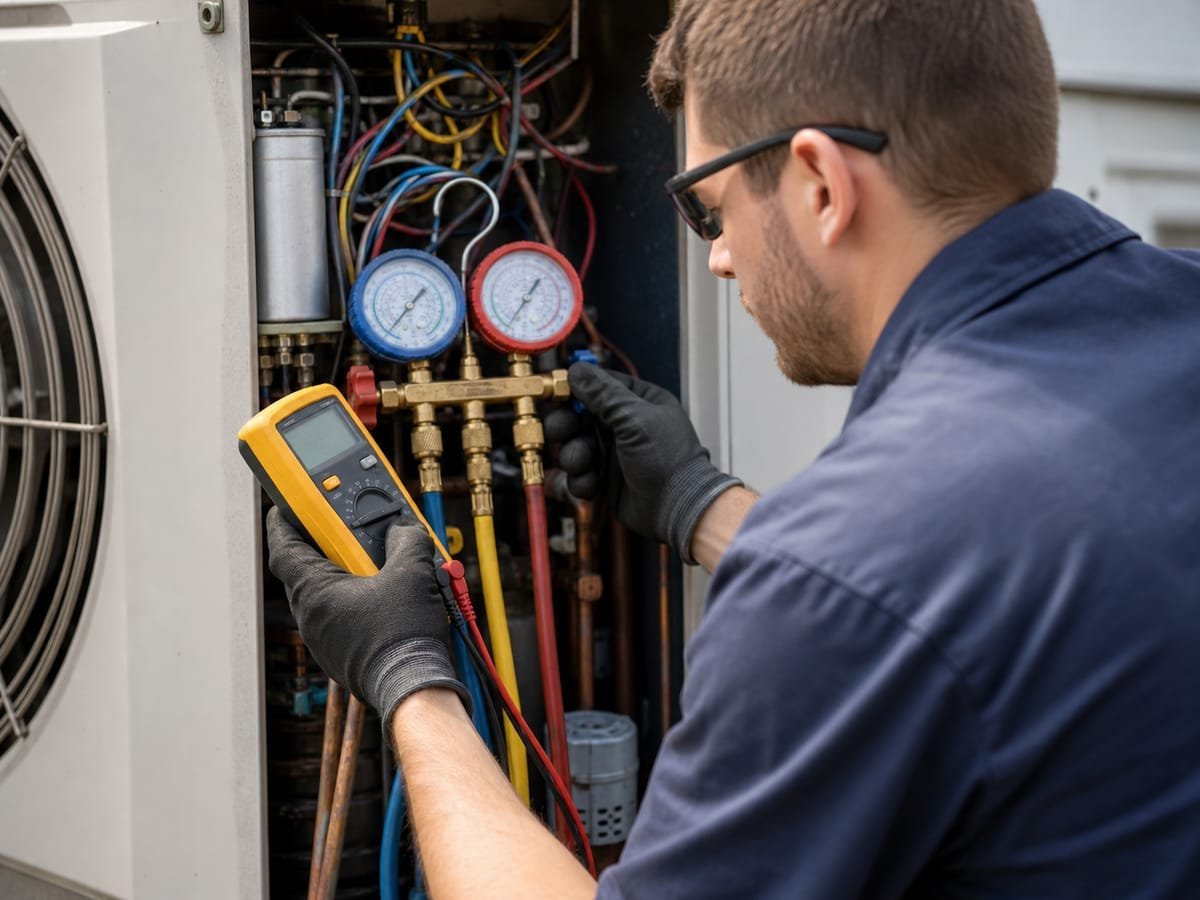 HVAC technician diagnosing a unit with refrigerant gauges and a multimeter