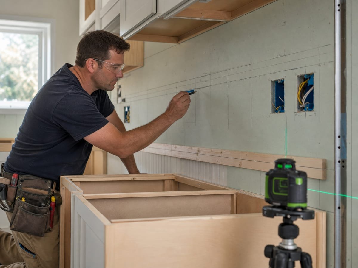 Carpenter rebuilding kitchen walls and cabinet framing with a laser level