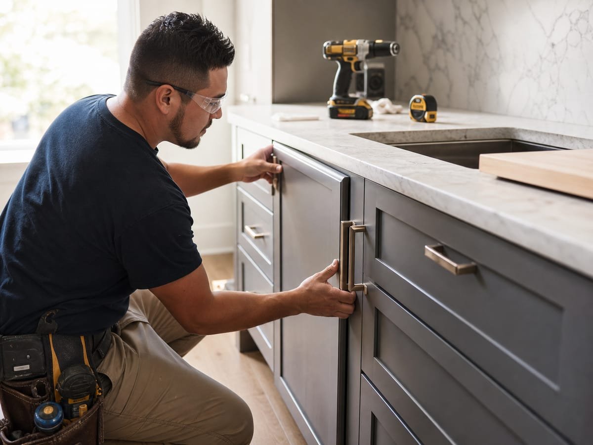 Installer fitting hardware on new gray kitchen cabinets under a stone countertop