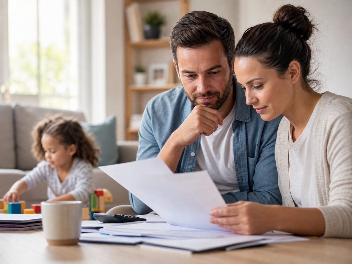 Parents reviewing life insurance paperwork while their child plays nearby