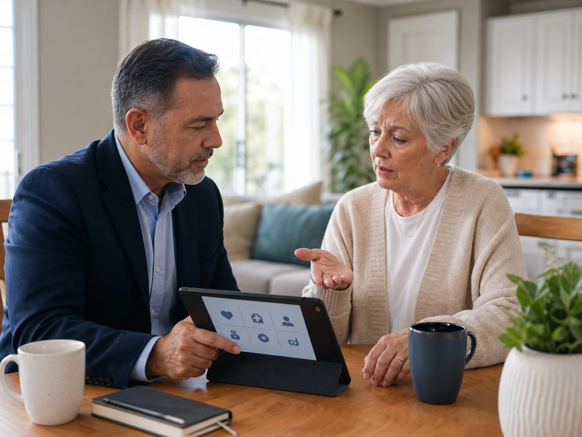 Advisor walking a Medicare-age woman through plan benefits on a tablet