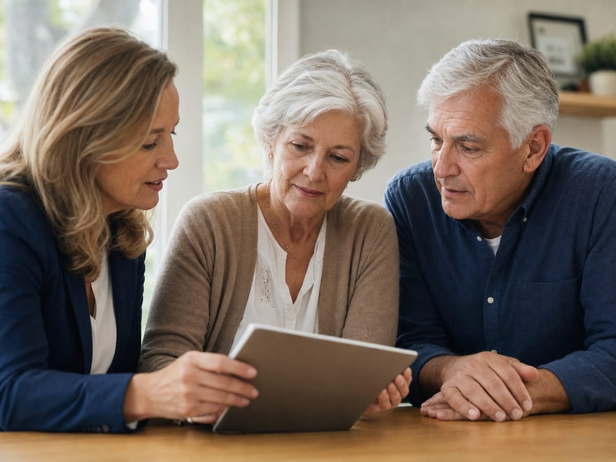 Older couple reviewing Medicare options with an advisor on a tablet