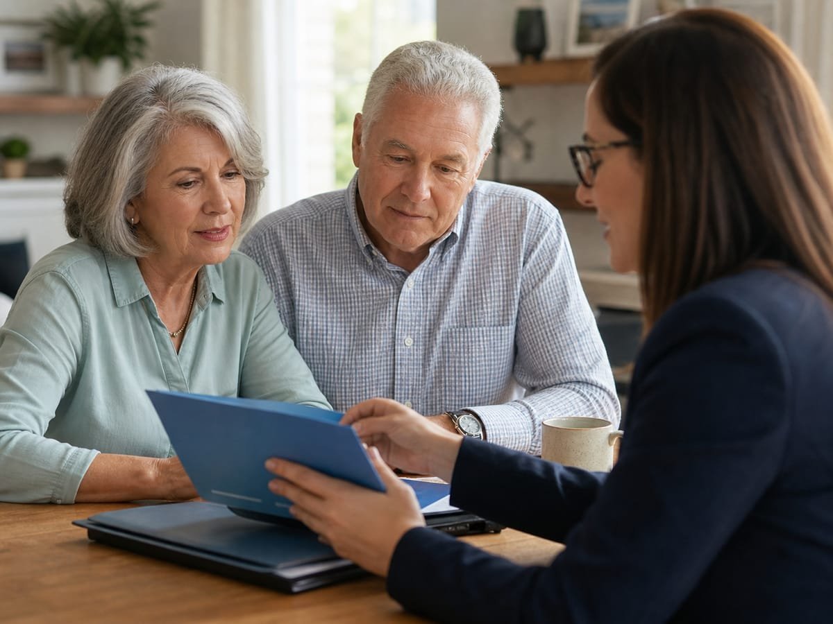 Retired couple comparing Medigap plan paperwork with an advisor