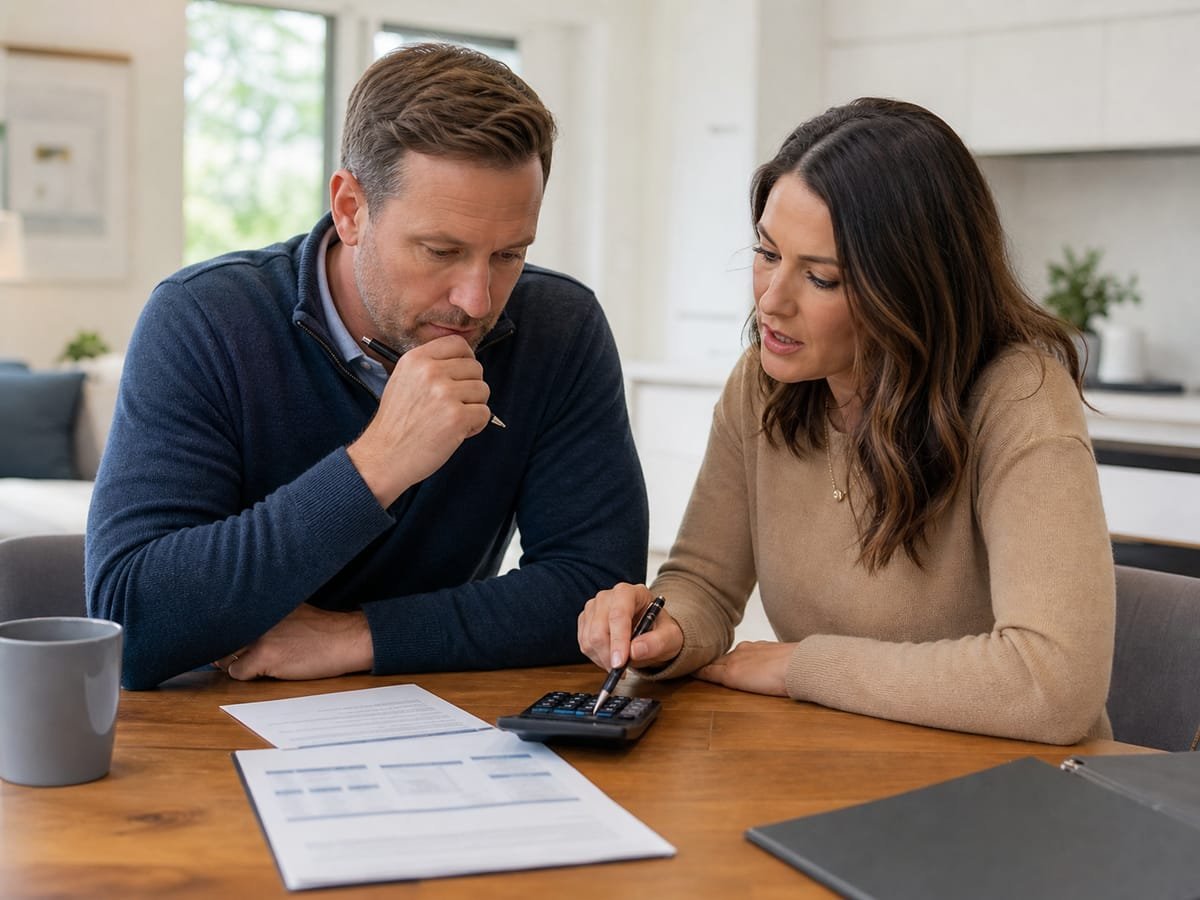 Couple working through refinance numbers with a calculator at a kitchen table