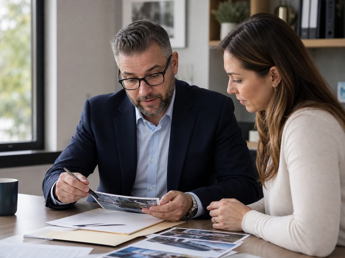 Attorney reviewing accident photos and claim documents with a client