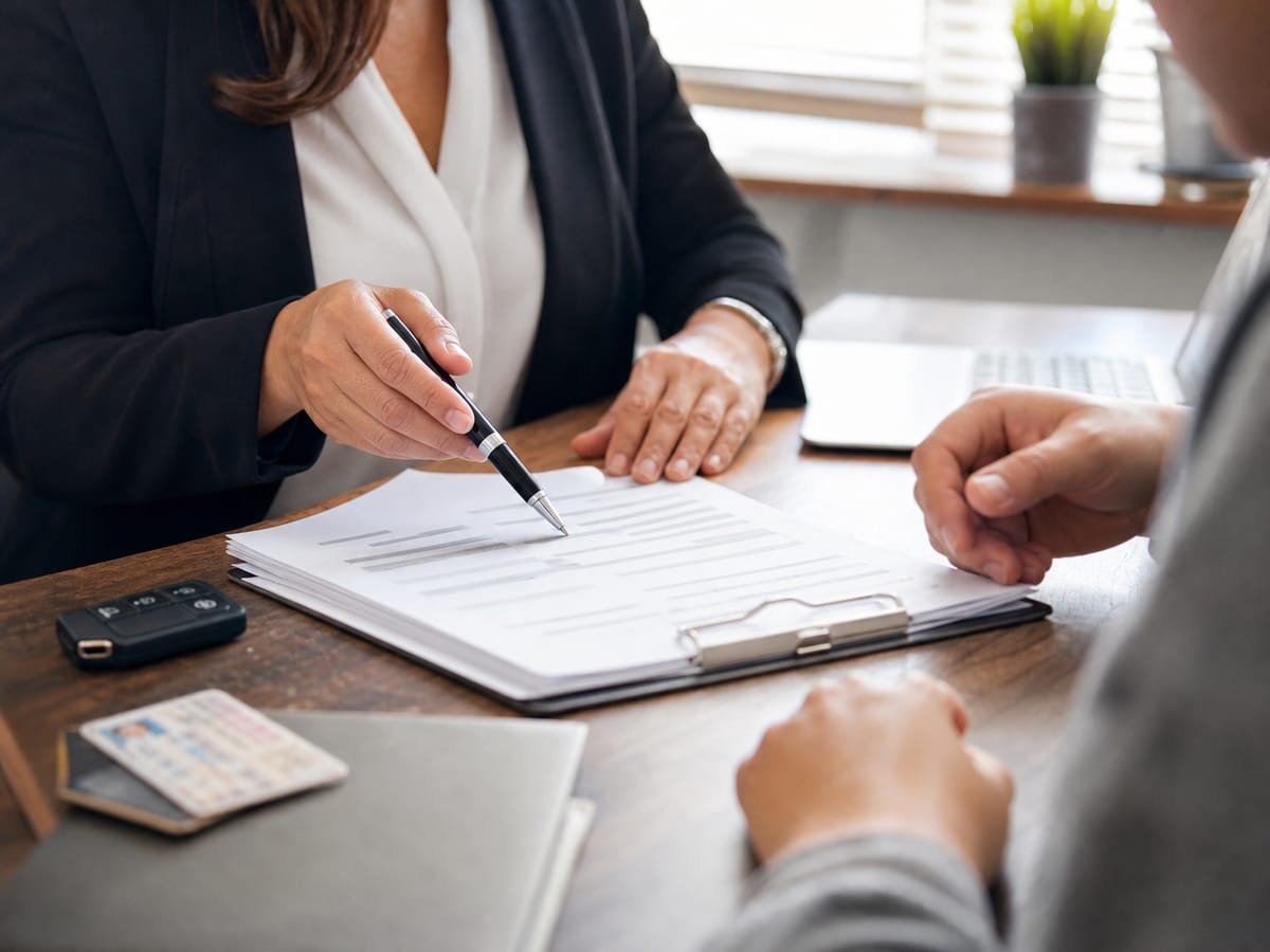 Agent pointing out terms on a non-owner insurance form as a client reviews it