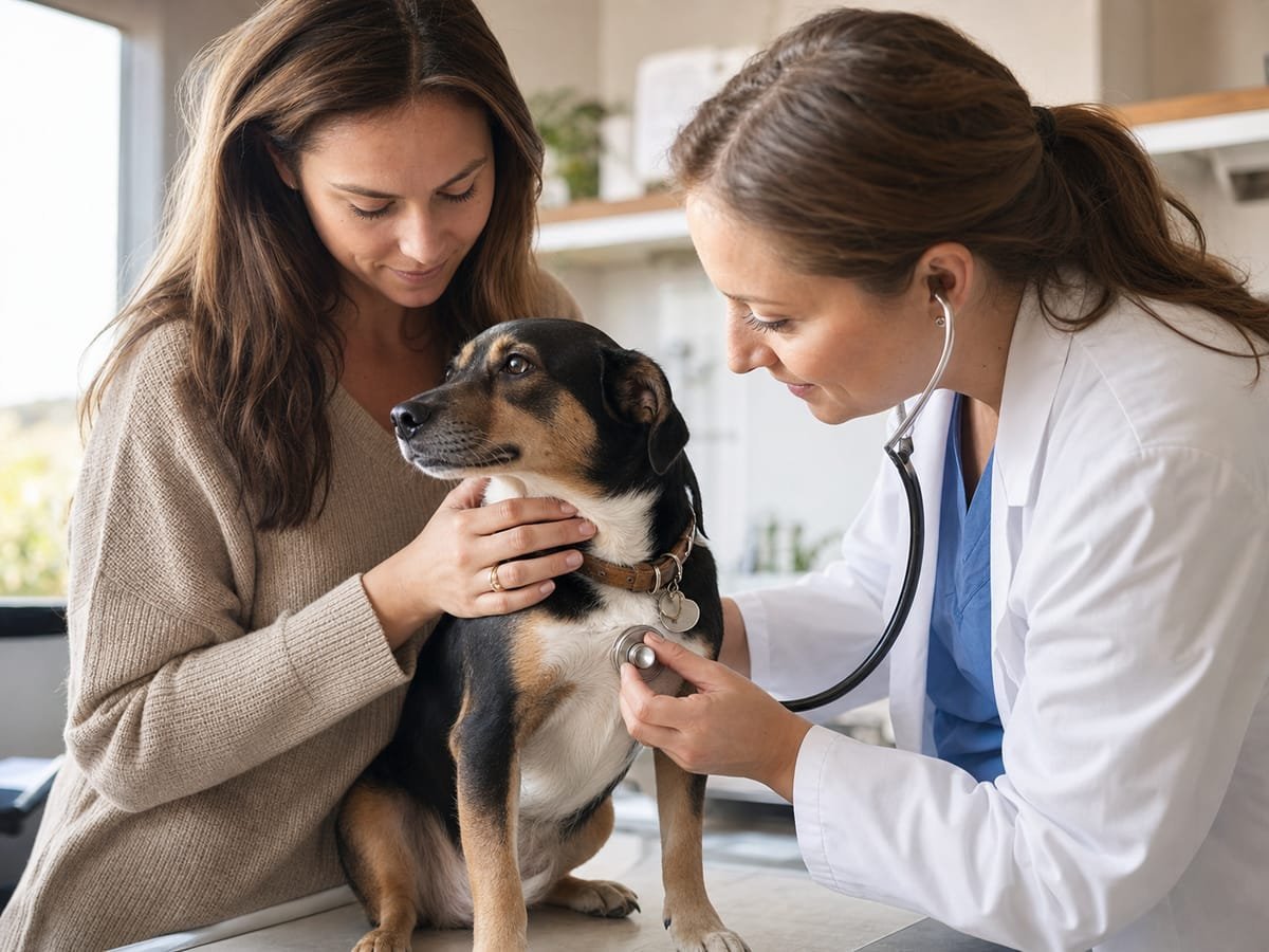 Veterinarian examining a dog with a stethoscope while the owner comforts it