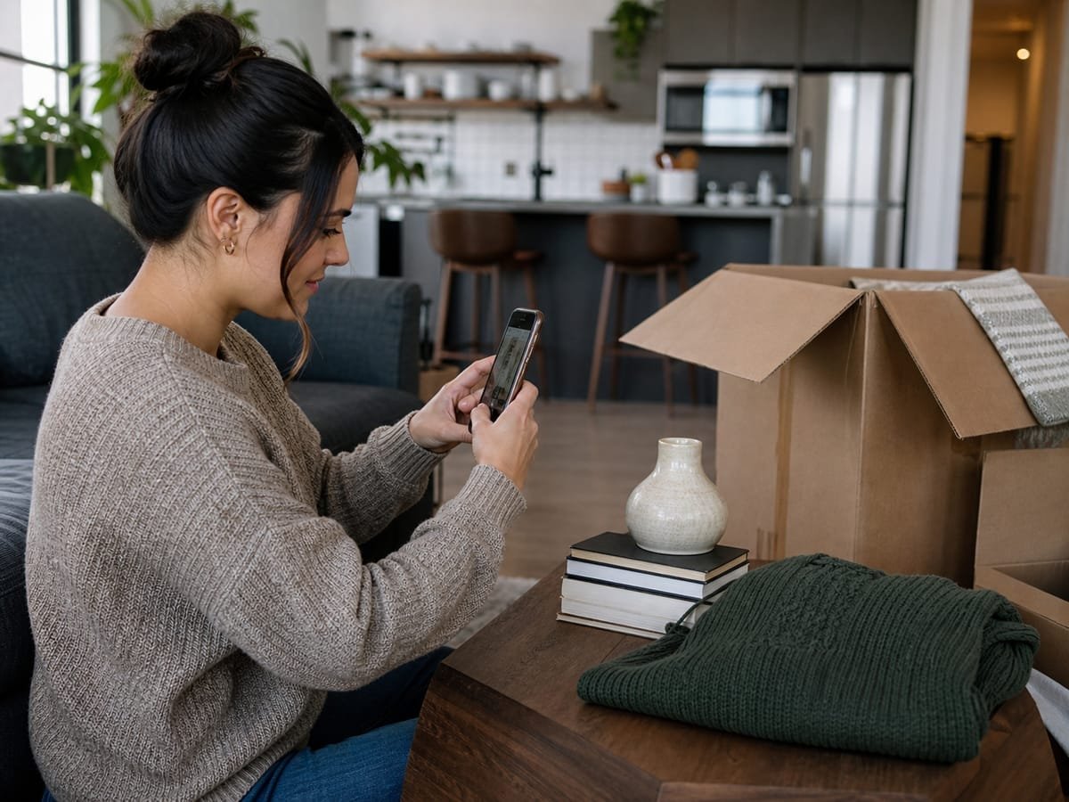 Renter photographing belongings for a home inventory while unpacking