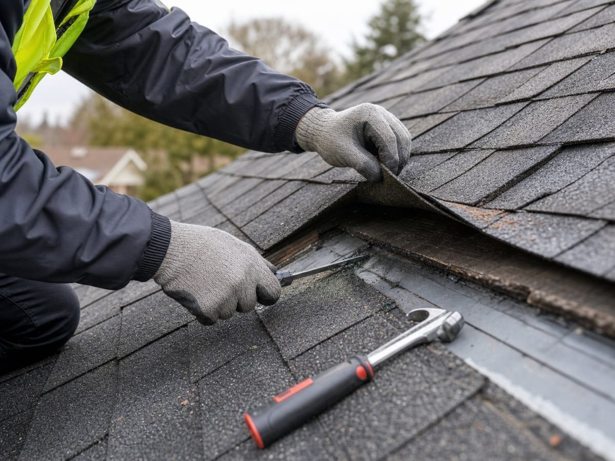 Roof inspector lifting an asphalt shingle to check for hidden damage