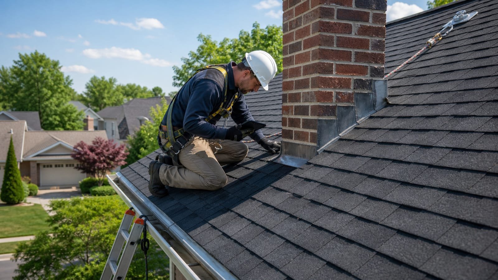 A roofing inspector wearing a harness kneels on an asphalt shingle roof, examining flashing around a brick chimney.