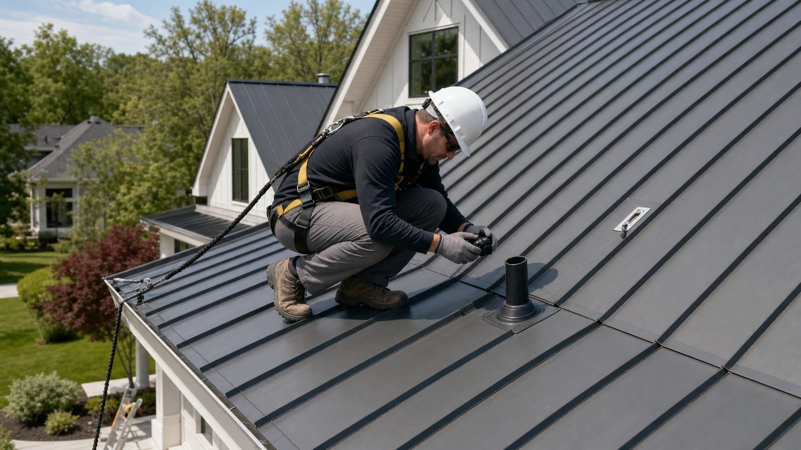 A roofing inspector wearing a harness kneels on a standing-seam metal roof, examining a roof vent.