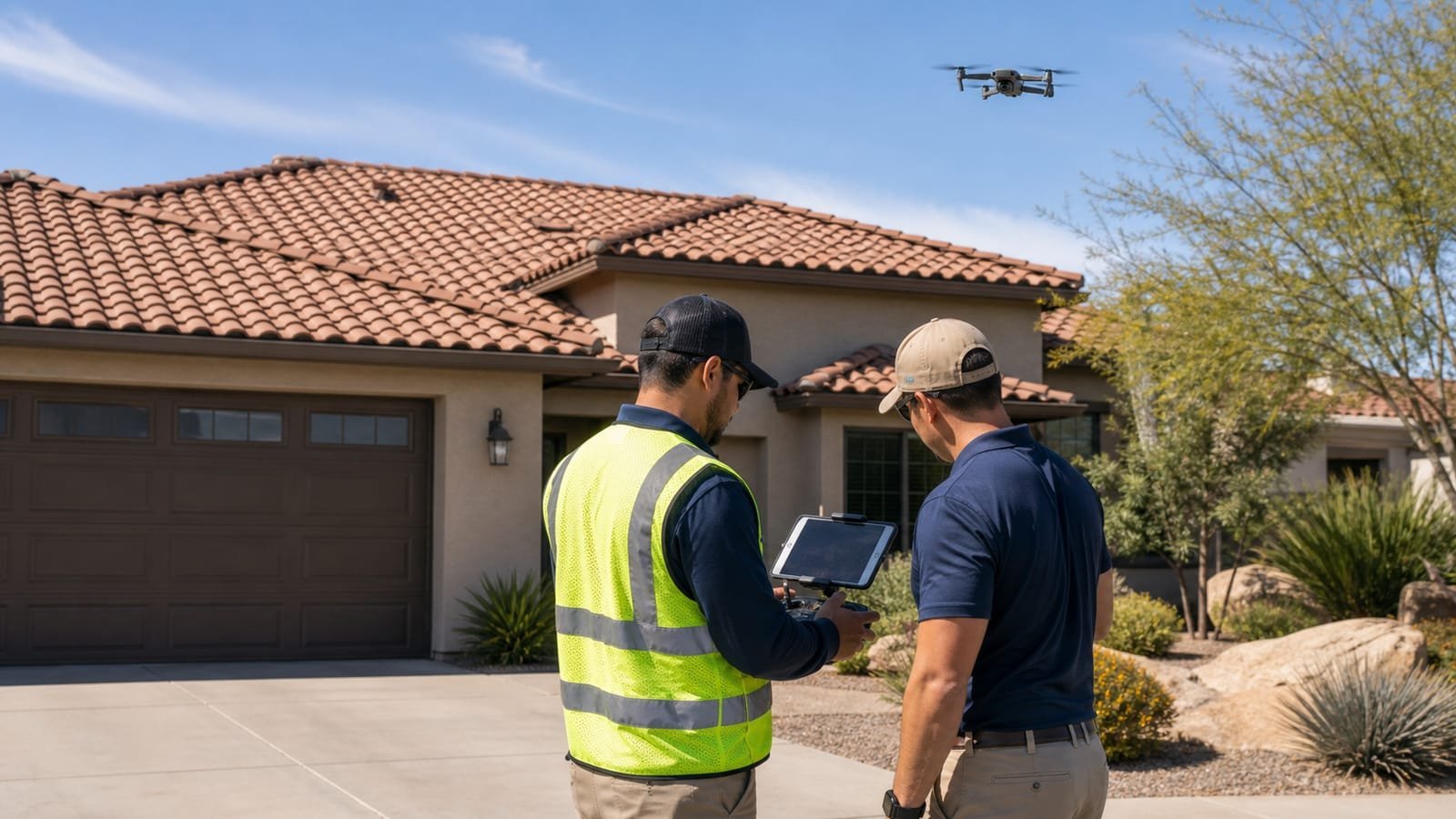 Two inspectors stand in a driveway flying a drone to inspect a clay tile roof from above.