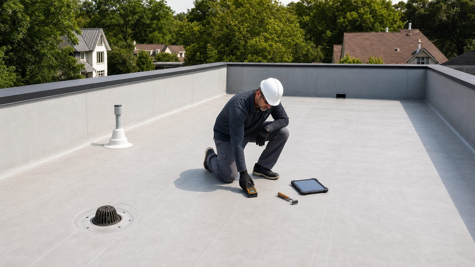 A roofing inspector kneels on a flat membrane roof, using a handheld meter near a roof drain.
