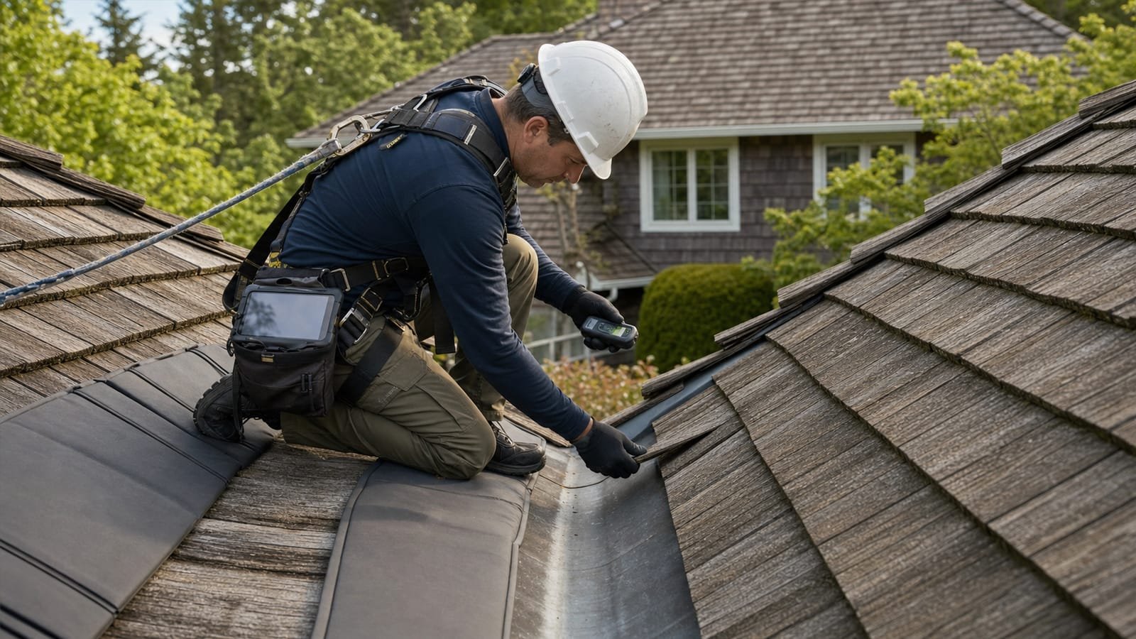 A roofing inspector wearing a harness kneels on a cedar shake roof, examining a valley with a handheld meter.