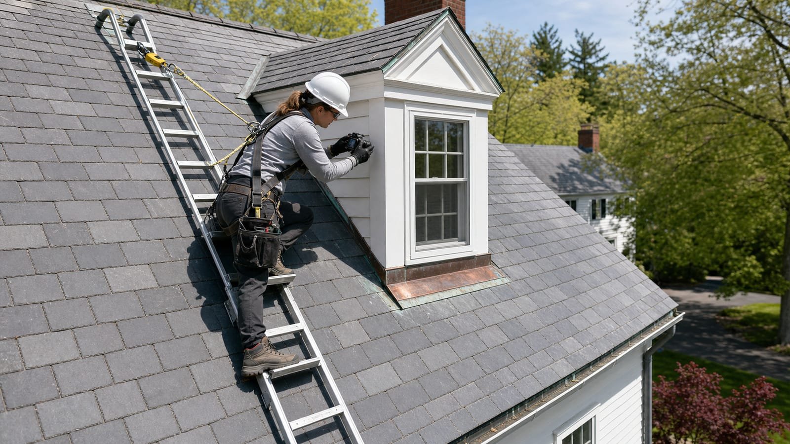 A roofing inspector on a ladder photographs a dormer window on a slate roof.