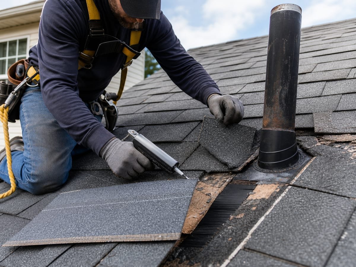 Roofer repairing damaged asphalt shingles and flashing on a residential roof