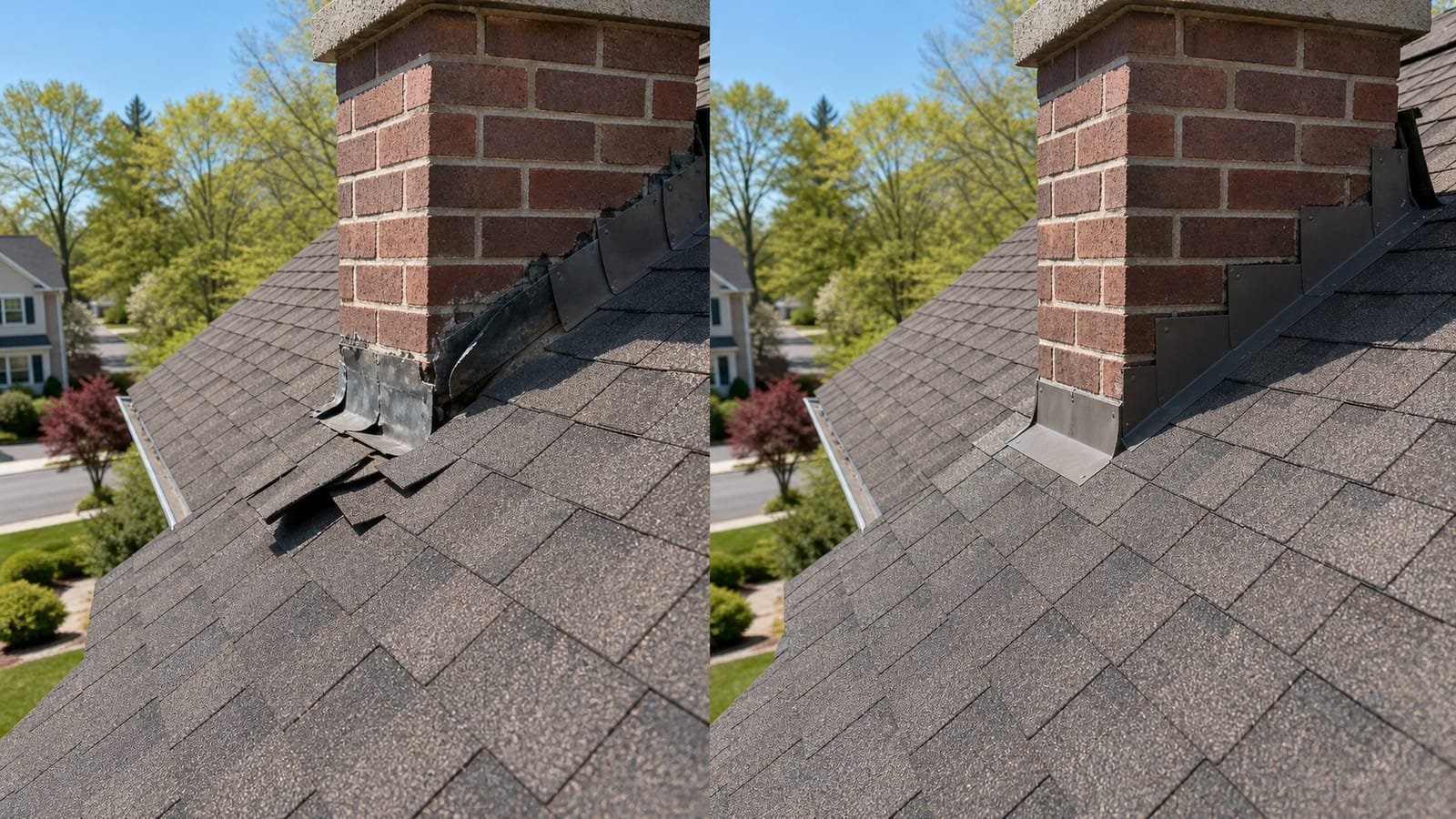 Before-and-after comparison of an asphalt shingle roof repair, showing damaged flashing and shingles around a chimney replaced with new step flashing.